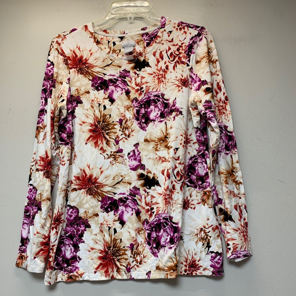 Chico's Floral Long Sleeve Top Women Size 1 Medium Multicolor Excellent Stretch‎